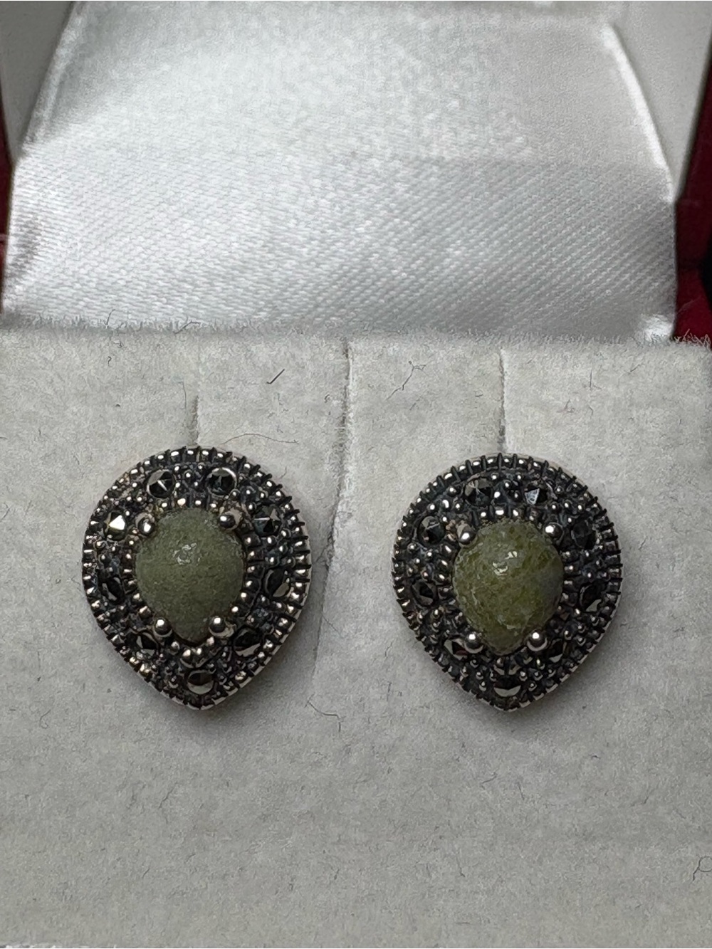Teardrop Jade Marcasite Stud Earrings - Picture 2 of 4
